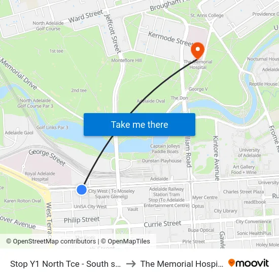Stop Y1 North Tce - South side to The Memorial Hospital map