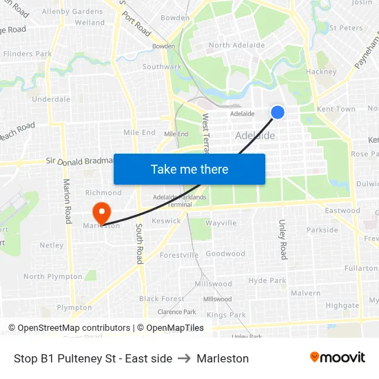 Stop B1 Pulteney St - East side to Marleston map