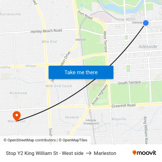 Stop Y2 King William St - West side to Marleston map