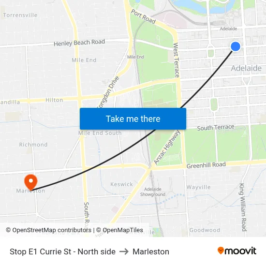 Stop E1 Currie St - North side to Marleston map