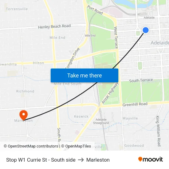 Stop W1 Currie St - South side to Marleston map