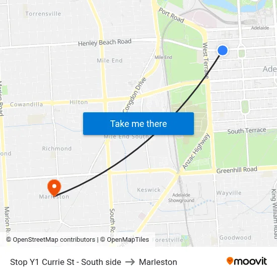 Stop Y1 Currie St - South side to Marleston map