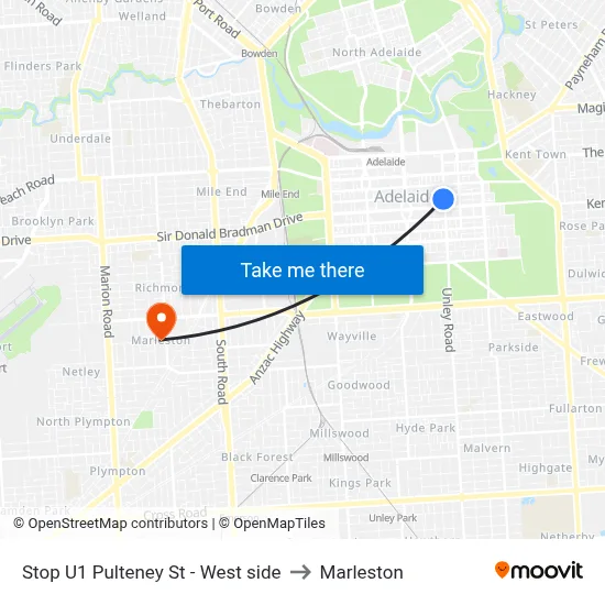Stop U1 Pulteney St - West side to Marleston map