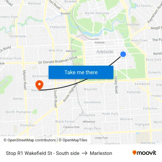 Stop R1 Wakefield St - South side to Marleston map