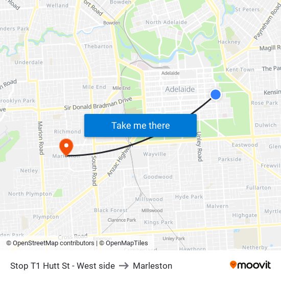 Stop T1 Hutt St - West side to Marleston map