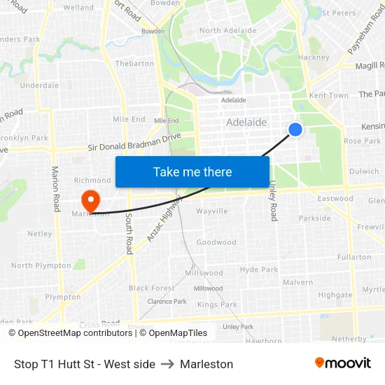 Stop T1 Hutt St - West side to Marleston map