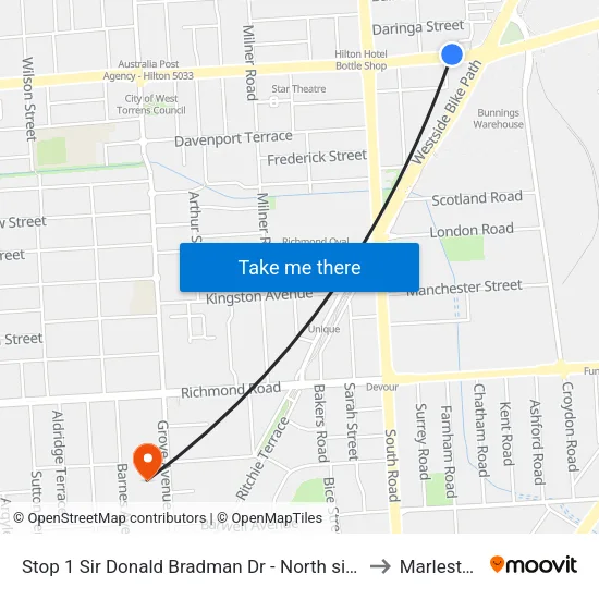 Stop 1 Sir Donald Bradman Dr - North side to Marleston map