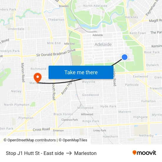 Stop J1 Hutt St - East side to Marleston map