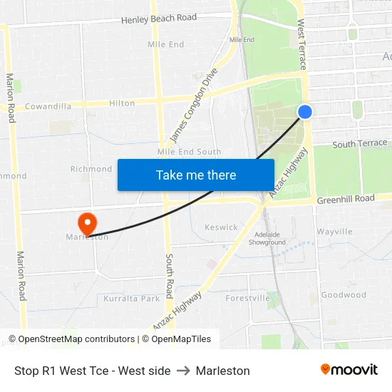 Stop R1 West Tce - West side to Marleston map