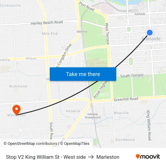 Stop V2 King William St - West side to Marleston map