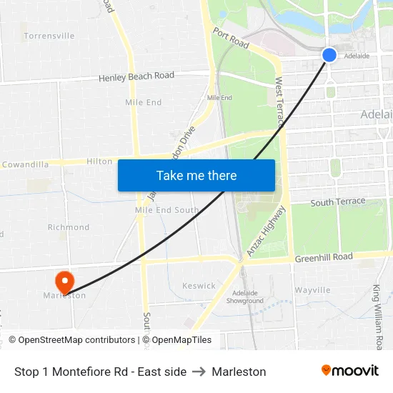 Stop 1 Montefiore Rd - East side to Marleston map