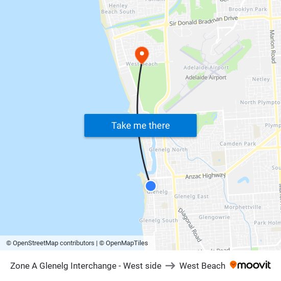 Zone A Glenelg Interchange - West side to West Beach map