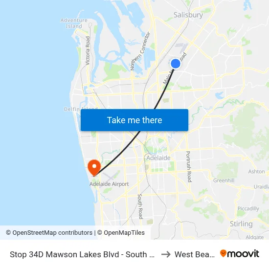 Stop 34D Mawson Lakes Blvd - South side to West Beach map