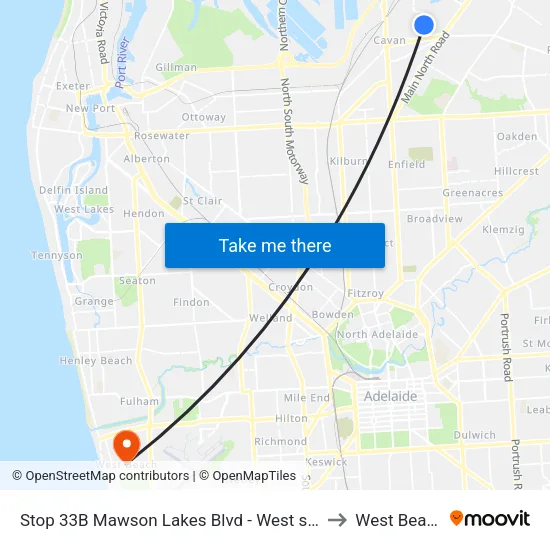 Stop 33B Mawson Lakes Blvd - West side to West Beach map