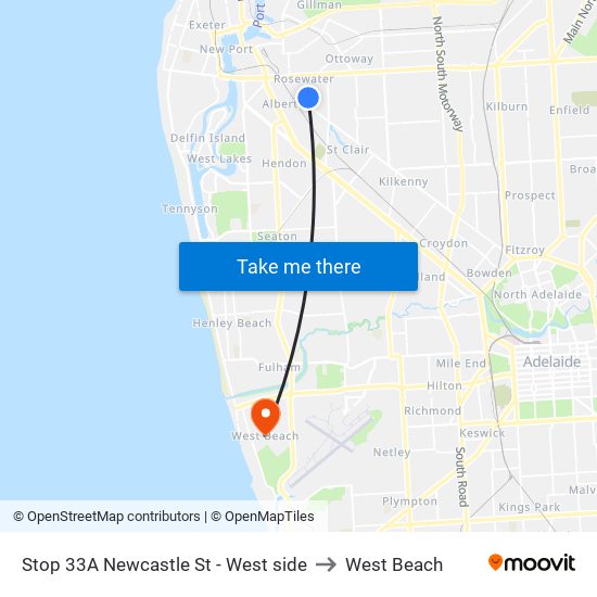 Stop 33A Newcastle St - West side to West Beach map