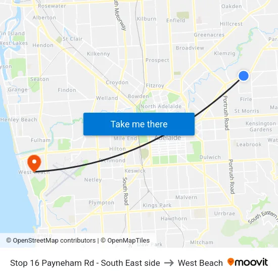 Stop 16 Payneham Rd - South East side to West Beach map