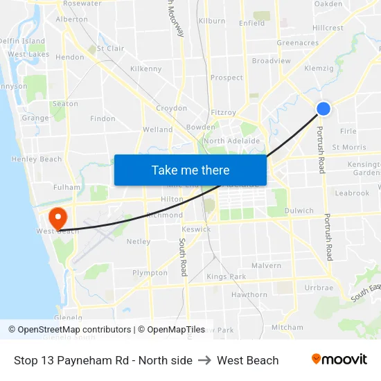 Stop 13 Payneham Rd - North side to West Beach map
