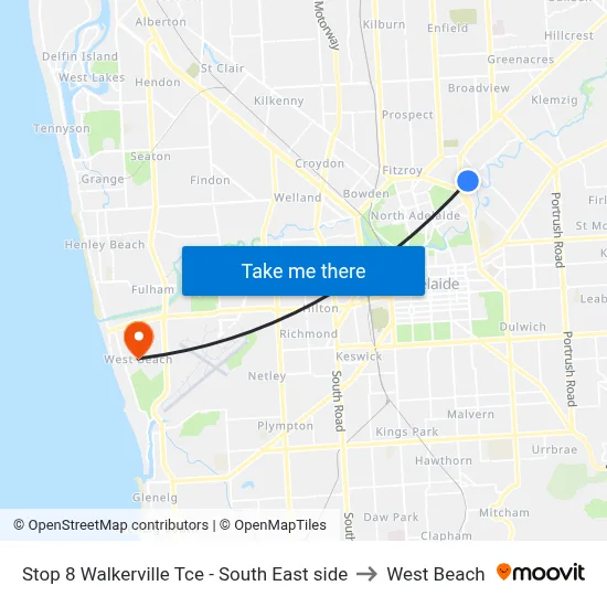 Stop 8 Walkerville Tce - South East side to West Beach map