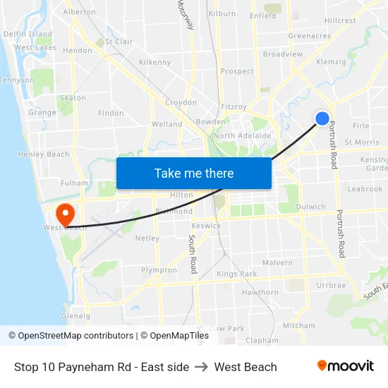 Stop 10 Payneham Rd - East side to West Beach map