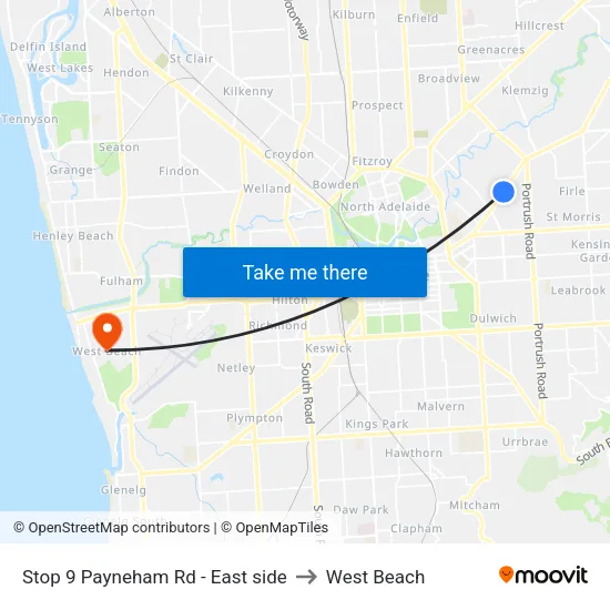 Stop 9 Payneham Rd - East side to West Beach map