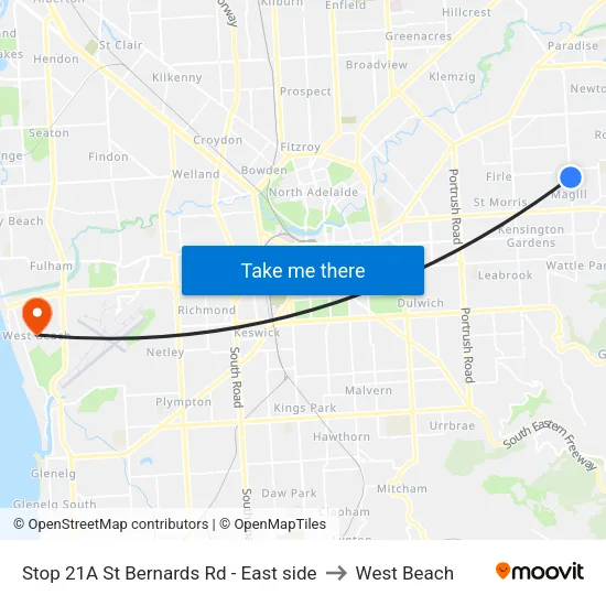 Stop 21A St Bernards Rd - East side to West Beach map