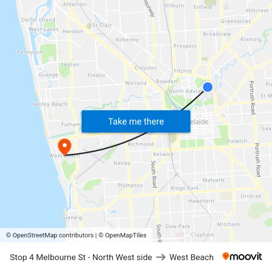 Stop 4 Melbourne St - North West side to West Beach map
