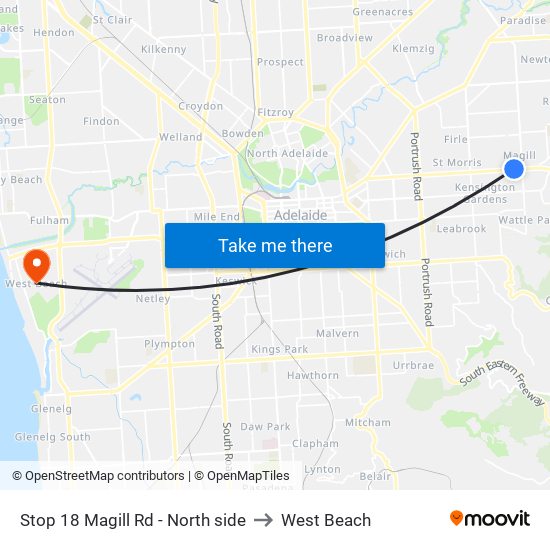 Stop 18 Magill Rd - North side to West Beach map