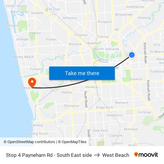 Stop 4 Payneham Rd - South East side to West Beach map