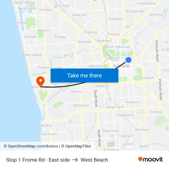 Stop 1 Frome Rd - East side to West Beach map