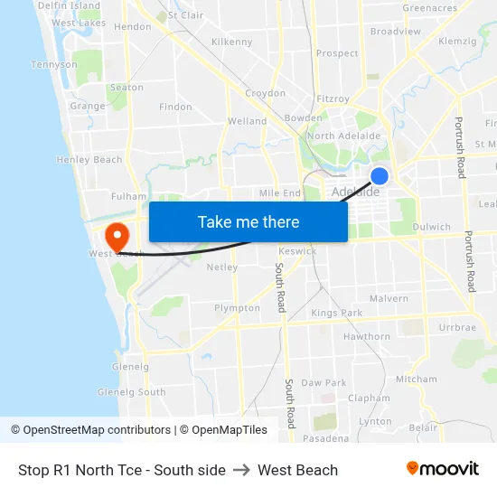 Stop R1 North Tce - South side to West Beach map