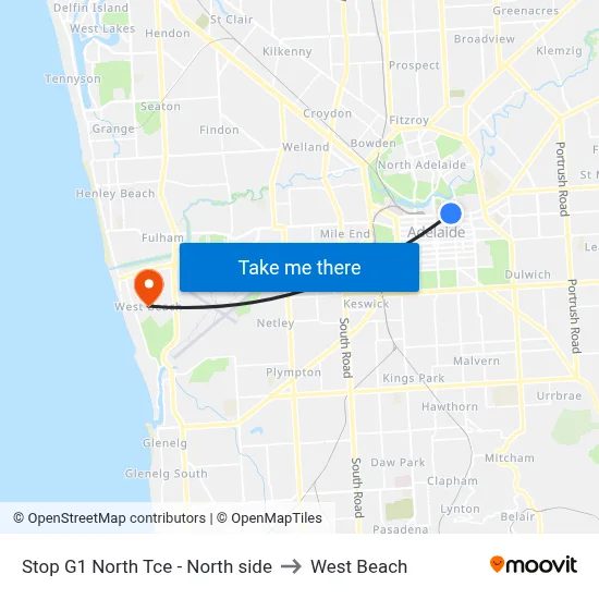 Stop G1 North Tce - North side to West Beach map