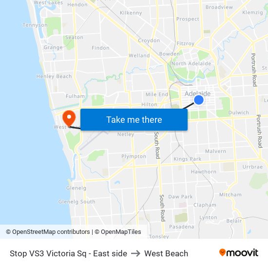 Stop VS3 Victoria Sq - East side to West Beach map