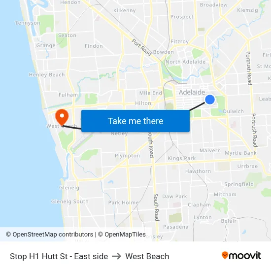Stop H1 Hutt St - East side to West Beach map