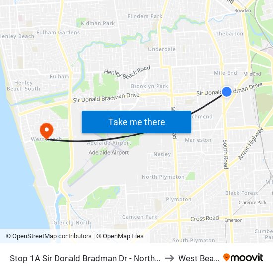 Stop 1A Sir Donald Bradman Dr - North side to West Beach map