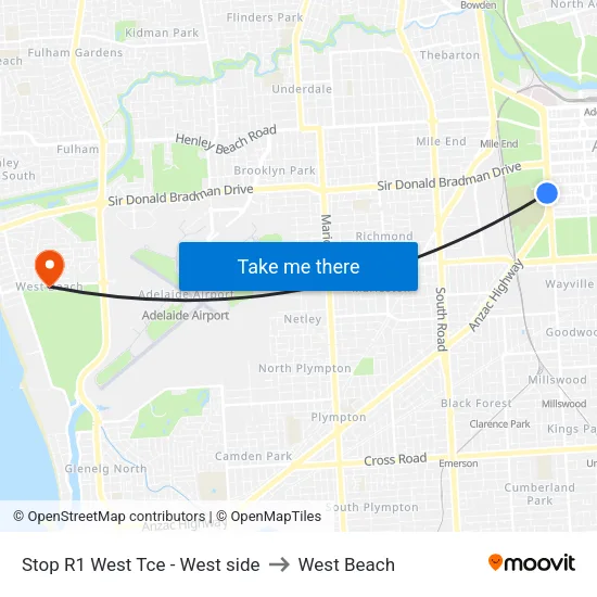 Stop R1 West Tce - West side to West Beach map