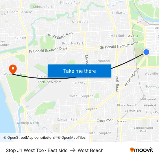 Stop J1 West Tce - East side to West Beach map