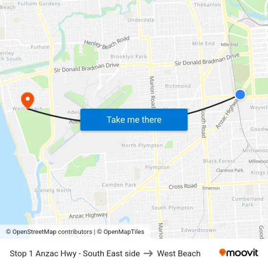 Stop 1 Anzac Hwy - South East side to West Beach map
