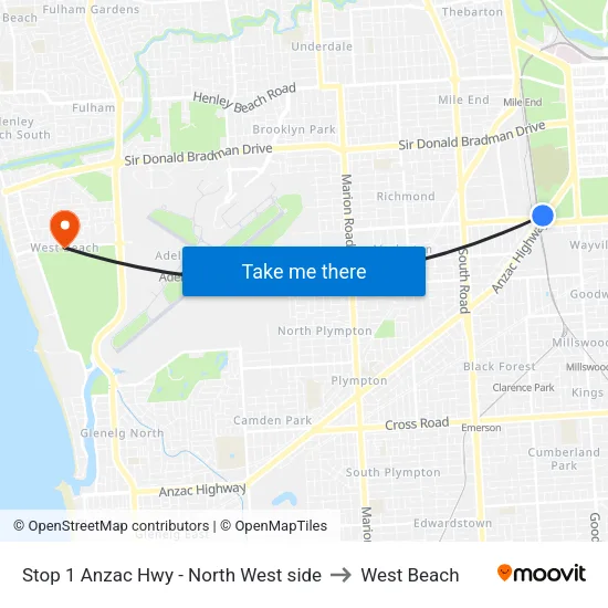 Stop 1 Anzac Hwy - North West side to West Beach map