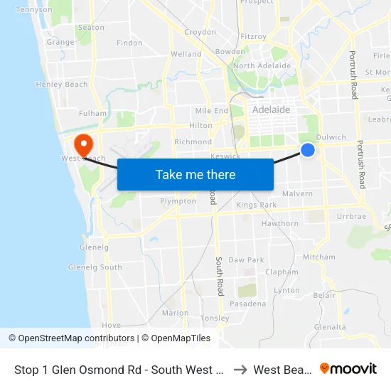 Stop 1 Glen Osmond Rd - South West side to West Beach map