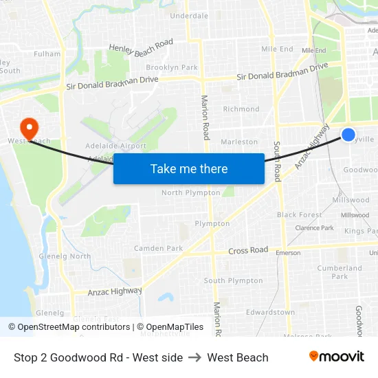 Stop 2 Goodwood Rd - West side to West Beach map