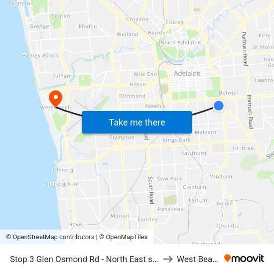 Stop 3 Glen Osmond Rd - North East side to West Beach map