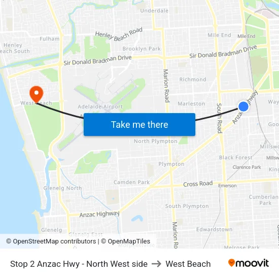 Stop 2 Anzac Hwy - North West side to West Beach map