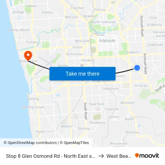 Stop 8 Glen Osmond Rd - North East side to West Beach map