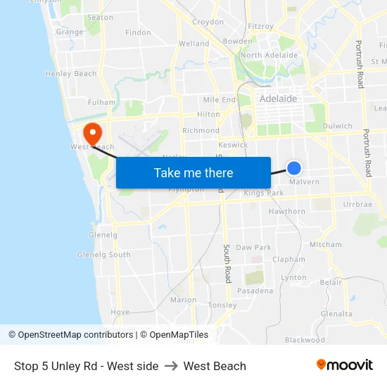Stop 5 Unley Rd - West side to West Beach map