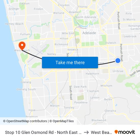 Stop 10 Glen Osmond Rd - North East side to West Beach map