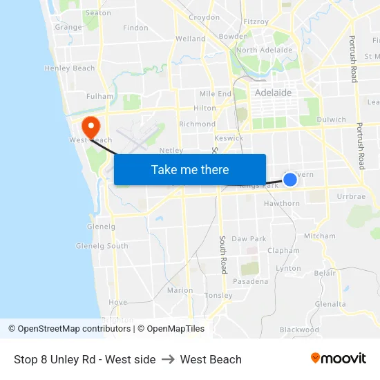 Stop 8 Unley Rd - West side to West Beach map