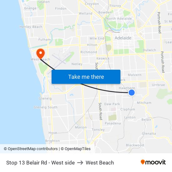 Stop 13 Belair Rd - West side to West Beach map