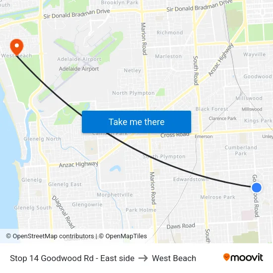 Stop 14 Goodwood Rd - East side to West Beach map