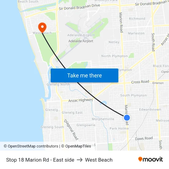 Stop 18 Marion Rd - East side to West Beach map