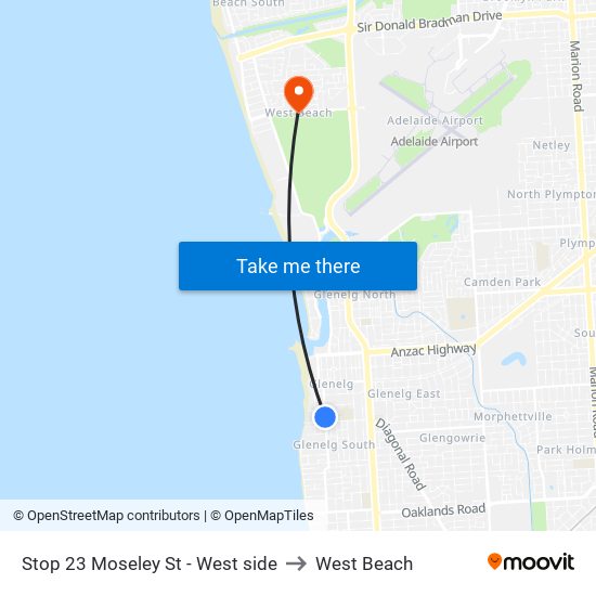 Stop 23 Moseley St - West side to West Beach map